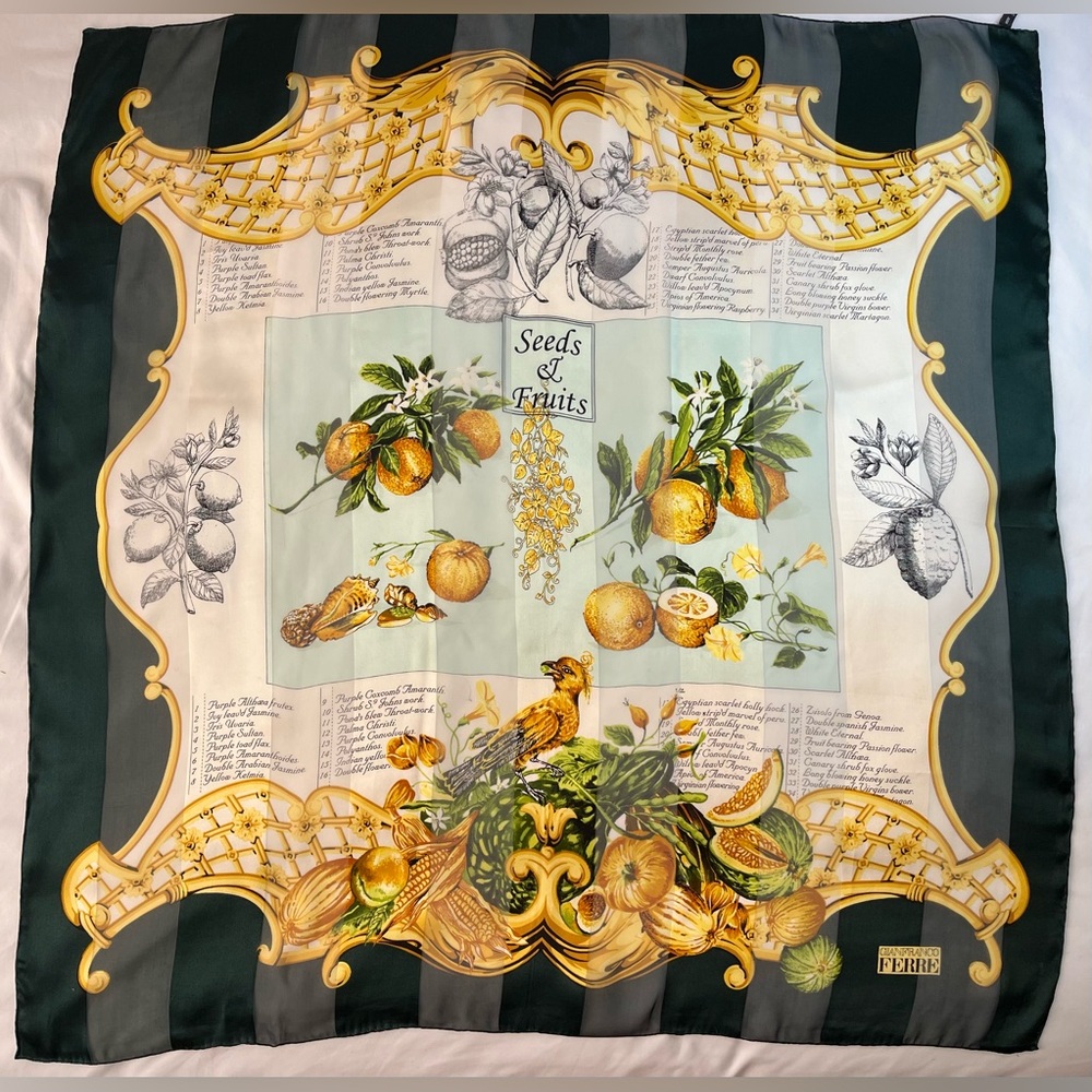 Gianfranco Ferre Vintage Silk Scarf Green Seeds and Fruits Hand rolled 34 x 34